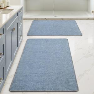 MIULEE Set of 2 Ultra Thin Bathroom Rugs, Rubber Bath Mats for Bathroom Non Slip, Quick Dry Absorbent Bath Rug Machine Washable, Fit Under Door, Shower, Sink, Home Decor, Blue, 24x36 Inch