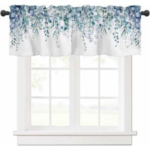 Curtain Valance for Windows Blue Eucalyptus Rod Pocket Valance Window Treatments 1 Panel Watercolor Leaves Short Curtains for Kitchen Windows Bathroom Bedroom 42x12in  (Blue)