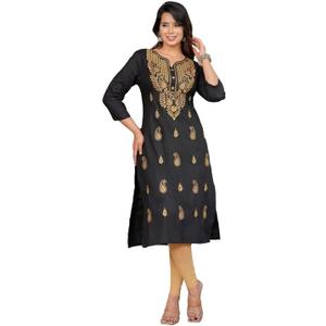 JG JAI GOVINDAM Indian Hand Embroidered Kurti for Women Chikankari Straight Cotton Long Kurti's Tunic Kurta Dreses for Women (US, Alpha, Small, Regular, Regular, Black Gold)
