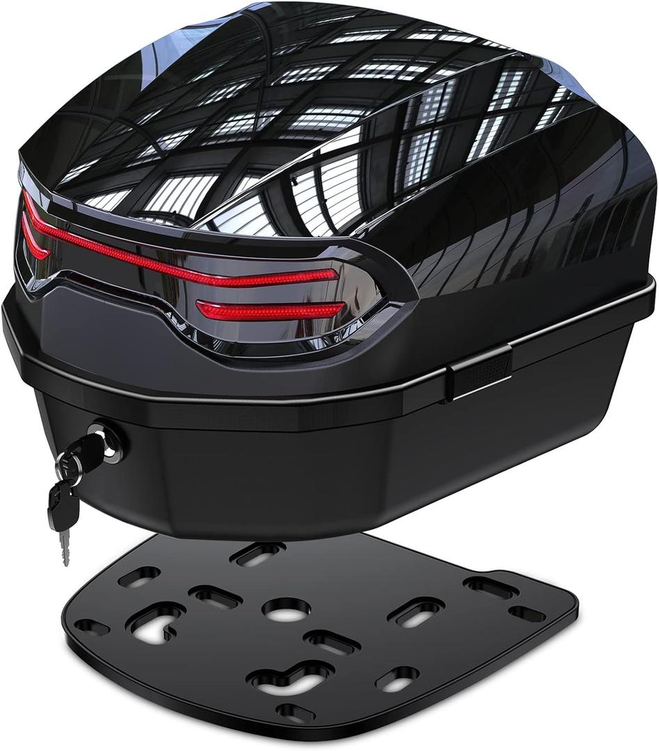 35L Motorcycle Top Case, Motorcycle Daily Tail Box Trunk Lockable Storage Carrier Plastic Waterproof Moto Top Box with Contoured Plastic Backrest Universal Mounting for Helmet Luggage - Black