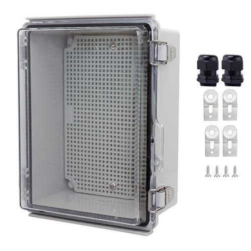 LuSumtly Waterproof Junction Box, ABS Plastic Electrical Box with Stainless Steel Latch, Hinged Cover Electric Project Enclosure Box with Mounting Plate, Wall Brackets & Cable Gland 8.7"x6.7"x4.3"