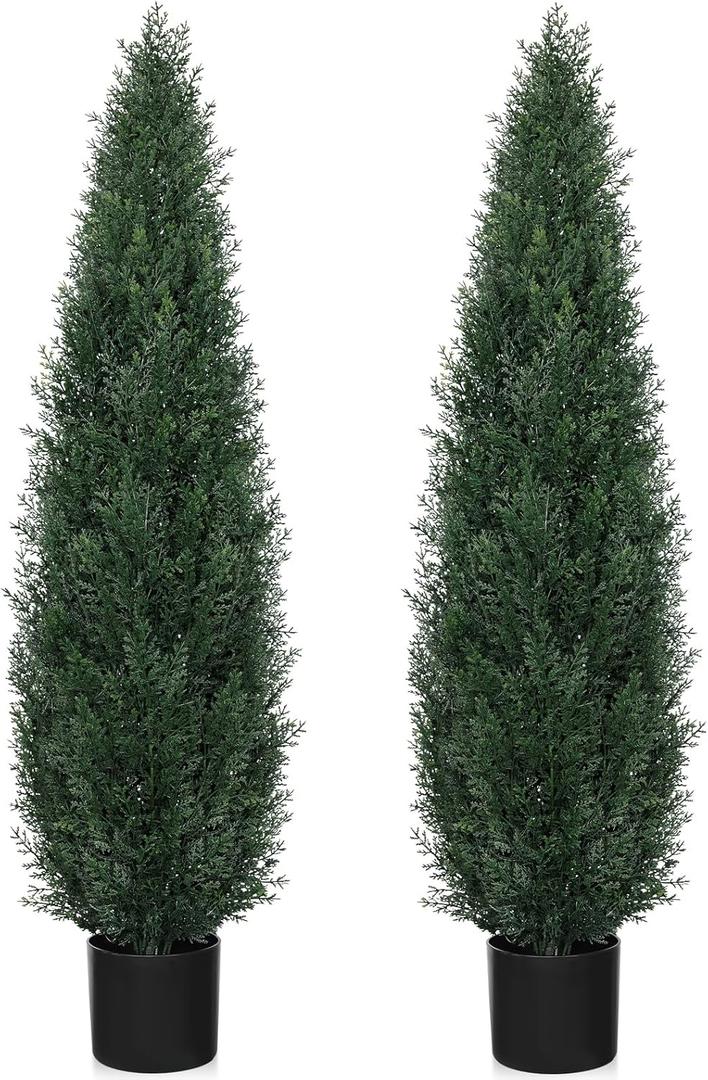 Artificial Cedar Topiary Trees for Outdoors, 4FT UV Resistant Faux Potted Cypress Plants, Set of 2 Realistic Fake Potted Topiary Plants for Home Porch, Garden, and Entryway Decor