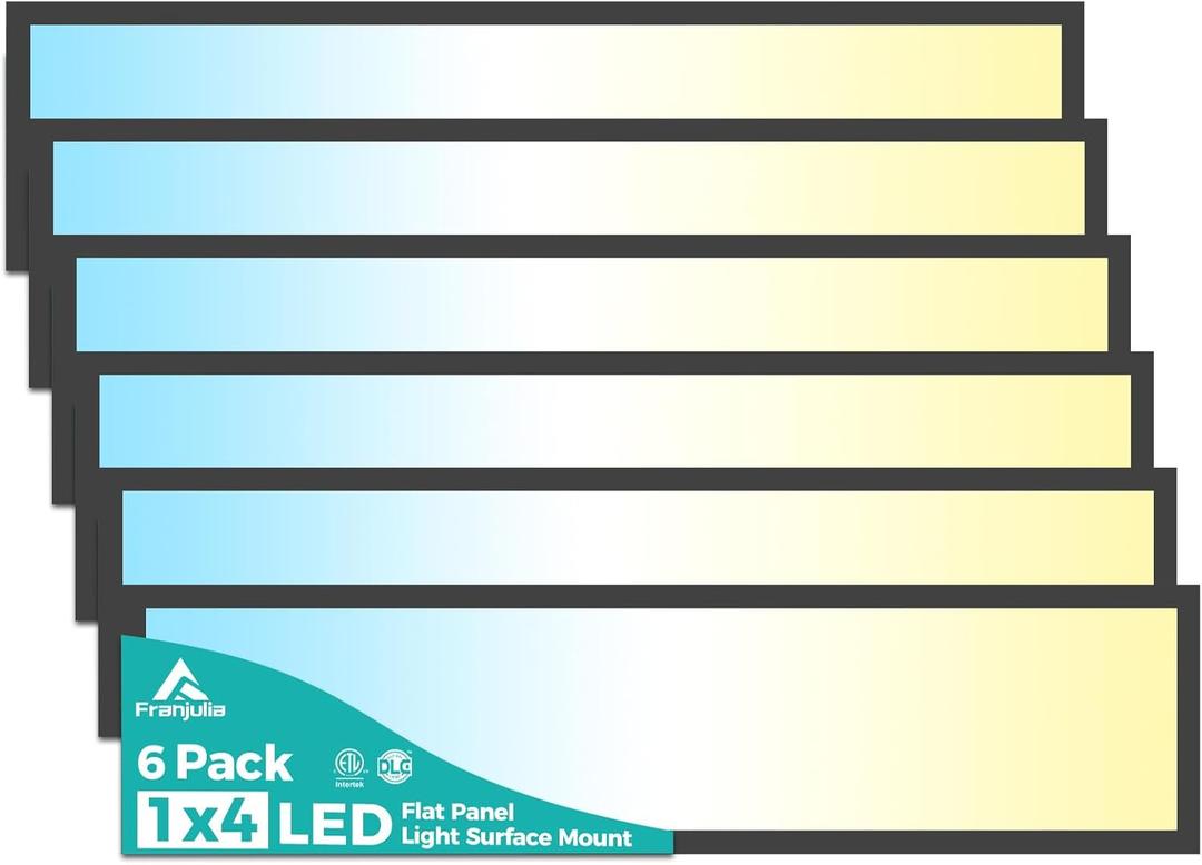 1x4 LED Flat Panel Light Surface Mount 6Pack, 50W 5500LM LED Ceiling Light, TRIAC Dimmable, Selectable 3000K/4000K/5000K, 120V, for Garage, Kitchen, Office, Commercial Use-Black