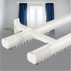 Double Curtain Rod Set for Windows, Heavy Duty Dual Track System with Aluminum Brackets, Decorative White Curtain Rail for Room Divider, Bedroom & Living Room Drapes (White, 86")