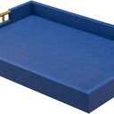 14x20 Inches Blue Faux Leather Wrapped Wood Serving Tray with Metal Handles for Various Occasions, Ottoman, Home Decor Decorative, Living Room, Coffee Table Organizer, Serving Breakfast On Bed