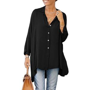 Aoysky Womens Oversized T Shirts Button Down Long Sleeve Shirt V Neck Collar Loose Flowy Blouse (Large, Black)