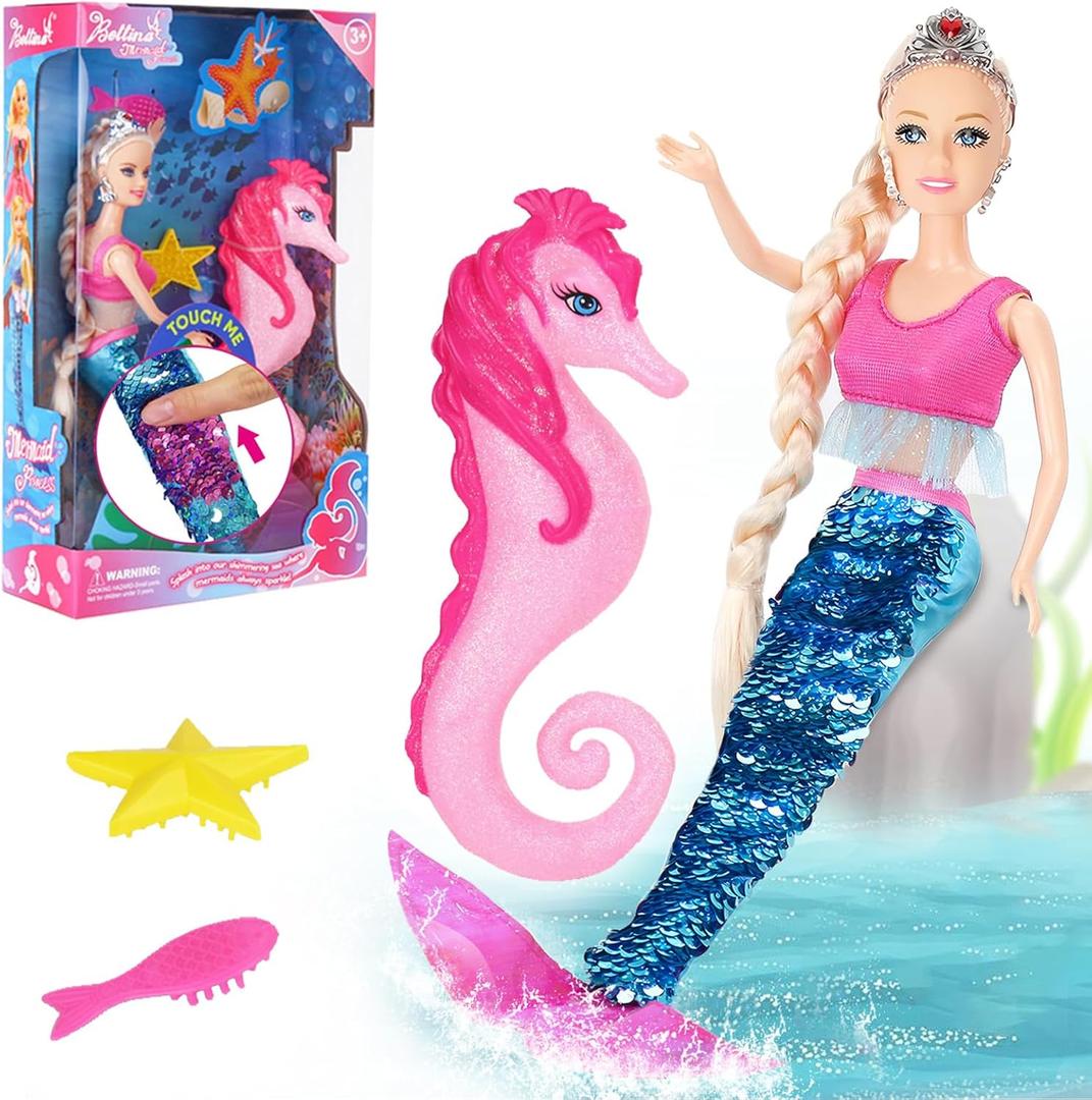 Bettina Princess Doll & Seahorse Set, Color Change Tail, 11.5 Inch Mermaid Doll, Toys for Girls & Kids
