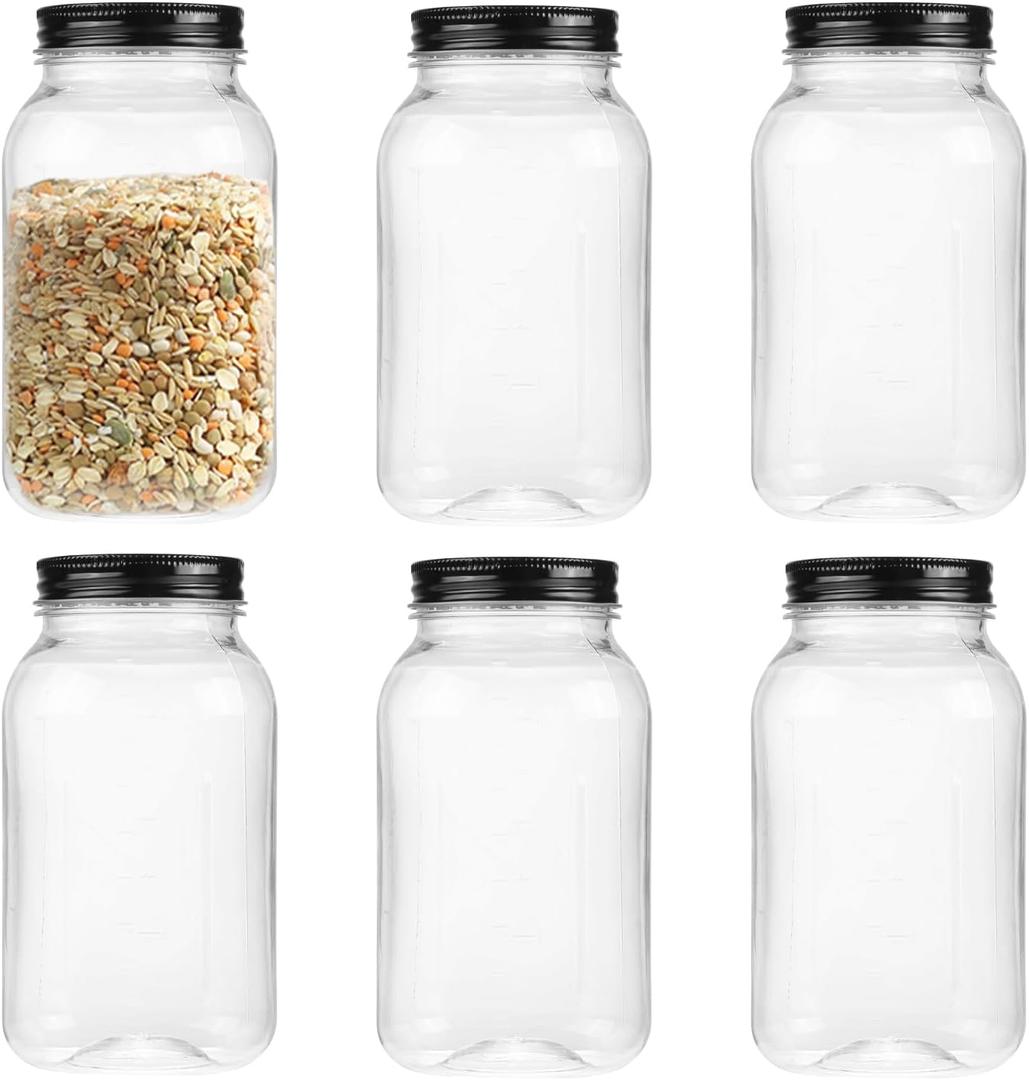 32 Ounce Clear Plastic Mason Jars With Screw On Lid, Reusable Empty Jars for Food Storage, Round BPA Free Containers for Sealing, Dry Food, Snacks, Candies, Breakage-proof, (Black - 6 Pack)