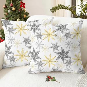 2 x CaliTime Christmas Throw Pillow Covers Decorative 18 X 18 Inches Pack of 2 Cozy Fleece Snowflakes Cushion Cases for Holiday Couch Sofa Bed Living Room Home Grey Gold