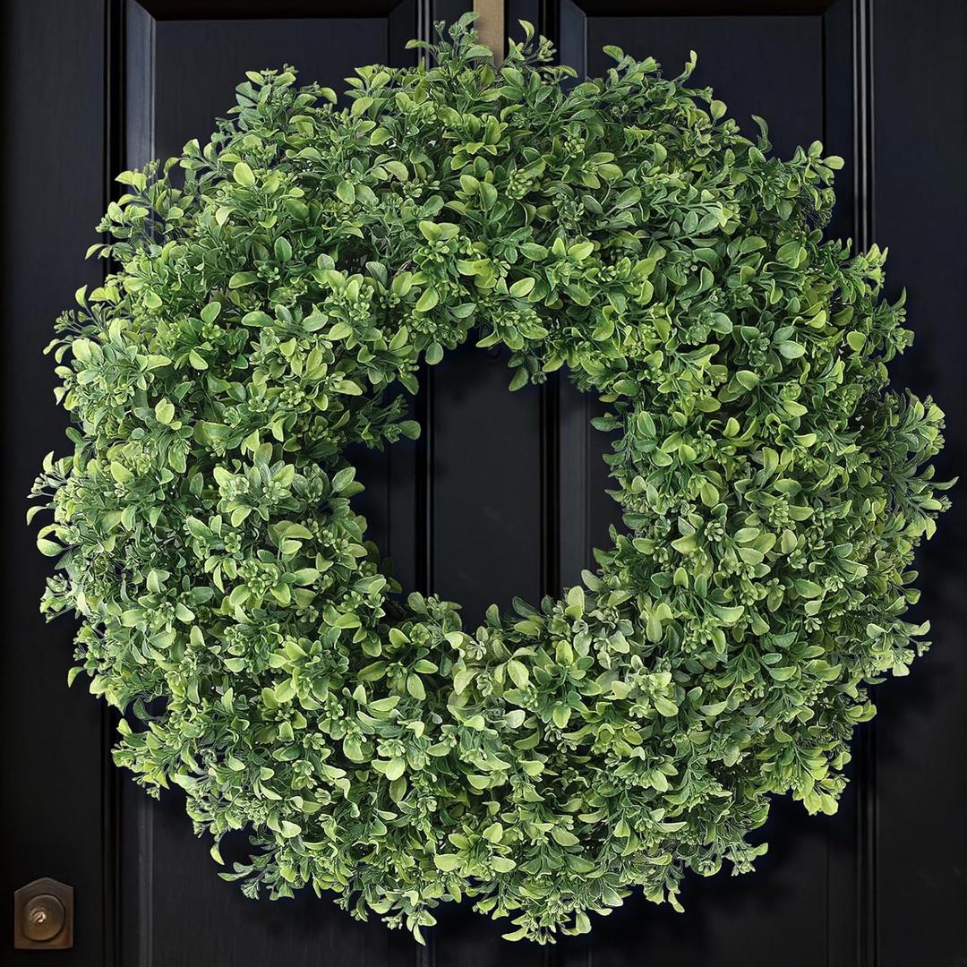 26" Artificial Boxwood Wreath for Front Door - Large Faux Aglaia Odorata Wreath, Fake Eucalyptus Leaves Plants for Wall Window Farmhouse Outdoor Decor - Spring, Summer, All Seasons (Green)