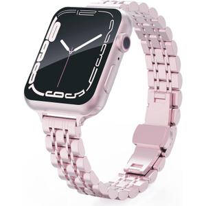 Slim Metal Watch Bands Compatible With Apple Watch 41mm 40mm 38mm 45mm 42mm 44mm 49mm, Thin Stainless Steel Chain Link for Women iWatch Series 9/8/7/SE/Ultra/6/5/4/3/2/1 (Pink)