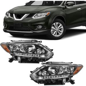 Fit for 2014-2016 Nissan Rogue Headlights Assembly Halogen Headlamp with LED DRL Black&Chrome Housing Amber Reflector Replacement Left & Right Side (without Bulbs)