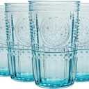 Bormioli Rocco Romantic 16 oz. Cooler Beverage Glasses for Cold Drinks, Juices, and Cocktails, Set of 4, Light Blue