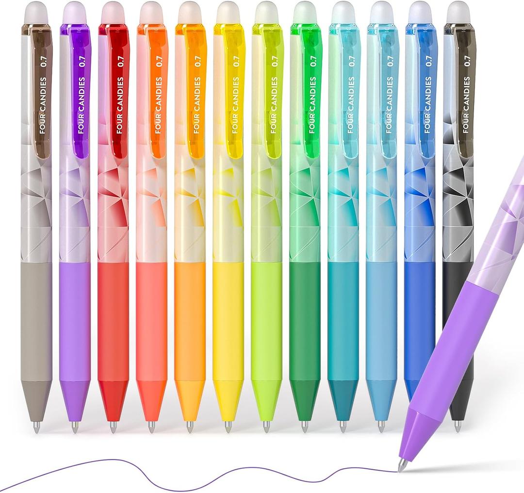 Four Candies 0.7mm Erasable Gel Pens, Make Mistakes Disappear Colored Pens, 12 Colors Retractable Fine Point Erasable Pens for Writing, Drawing, Planner & School Supplies