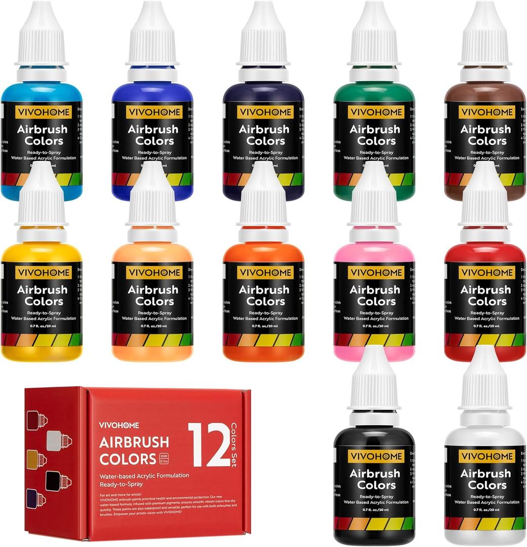 VIVOHOME 12 Color Airbrush Paint Set, Acrylic Air Brush Paints Ready to Spray (No Thinner Needed), Water Based Painting Colors for Artist and Beginners, Pack of 11 (20 ml/0.68 Fl Oz)