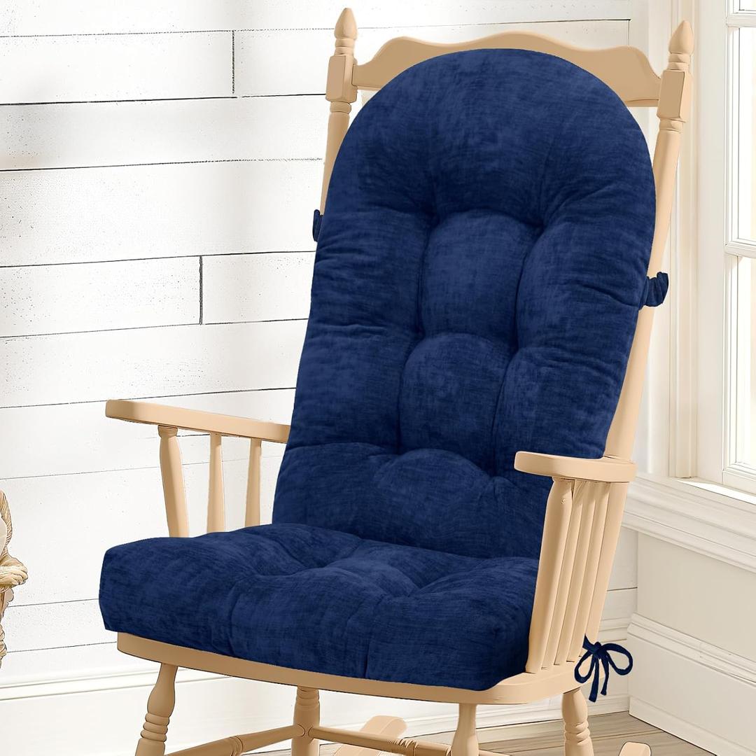 Rocking Chair Cushion - Chenille Fabric, High-Density Sponge, Durable Comfort Non-Slip Bottom Tufted Seat Pads with Ties, ChenilleDark Blue, 44x19x4 inch