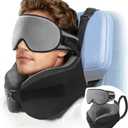 YFONG Travel Pillow for Long Flight Airplanes, Head Strap Combo with 3D Contoured Eye Mask for Sleep, Neck Pillow for Car Trip Essential, 360 Support Memory Foam Headrest, Prevent Head Bobbing, Grey