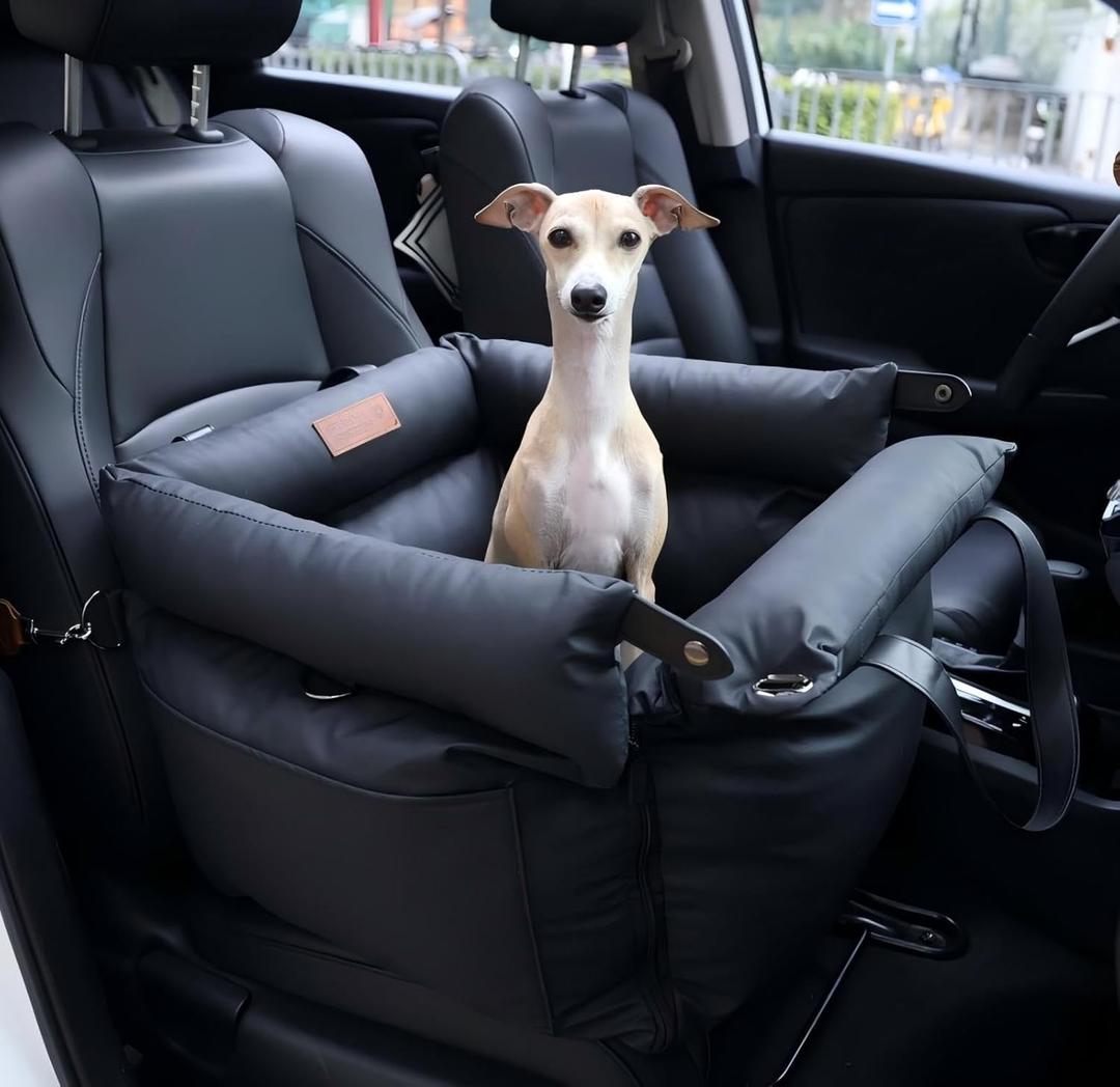 FUNNYFUZZY Dog Car Seat for Small Dogs, Waterproof Dog Car Bed with Storage Pocket, Safety Clip-On Dogs Leash, Detachable Portable Pet Carseat (Black, 21.65 x 19.69 x 17.72 inches)