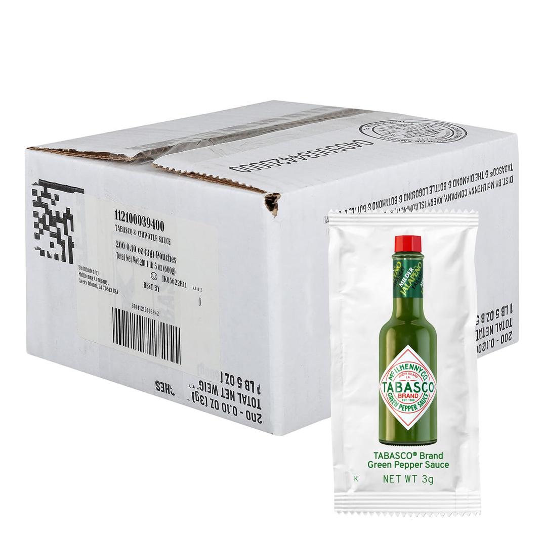 TABASCO Brand Green Jalapeno Pepper Sauce, Mild, Single Packets (200-Pack) | Individual Condiment Packets, Balanced Hot Sauce, Crisp & Zesty Fresh Green Sauce, Great for Tacos, Salad, Seafood & More (EXP 11/25/26)