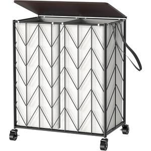 WOWLIVE Laundry Basket with Wheels, Heavy Duty Laundry Hamper with Wood Lid, Clothes Hamper with Divided Removable Liner Bag, Large Capacity Iron-Made Laundry Sorter Laundry Room Organization (Beige) (115L(22 x 13 x 26.4 Inches))