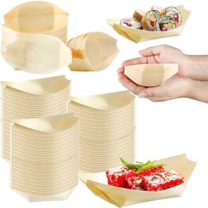 Hoolerry 300 Pcs Disposable Wood Boat Plates Dishes 4 Inches Bamboo Plates Sushi Boat Disposable Bamboo Leaf Dish Serving Tray Food Container Wood Bowl For Catering Home