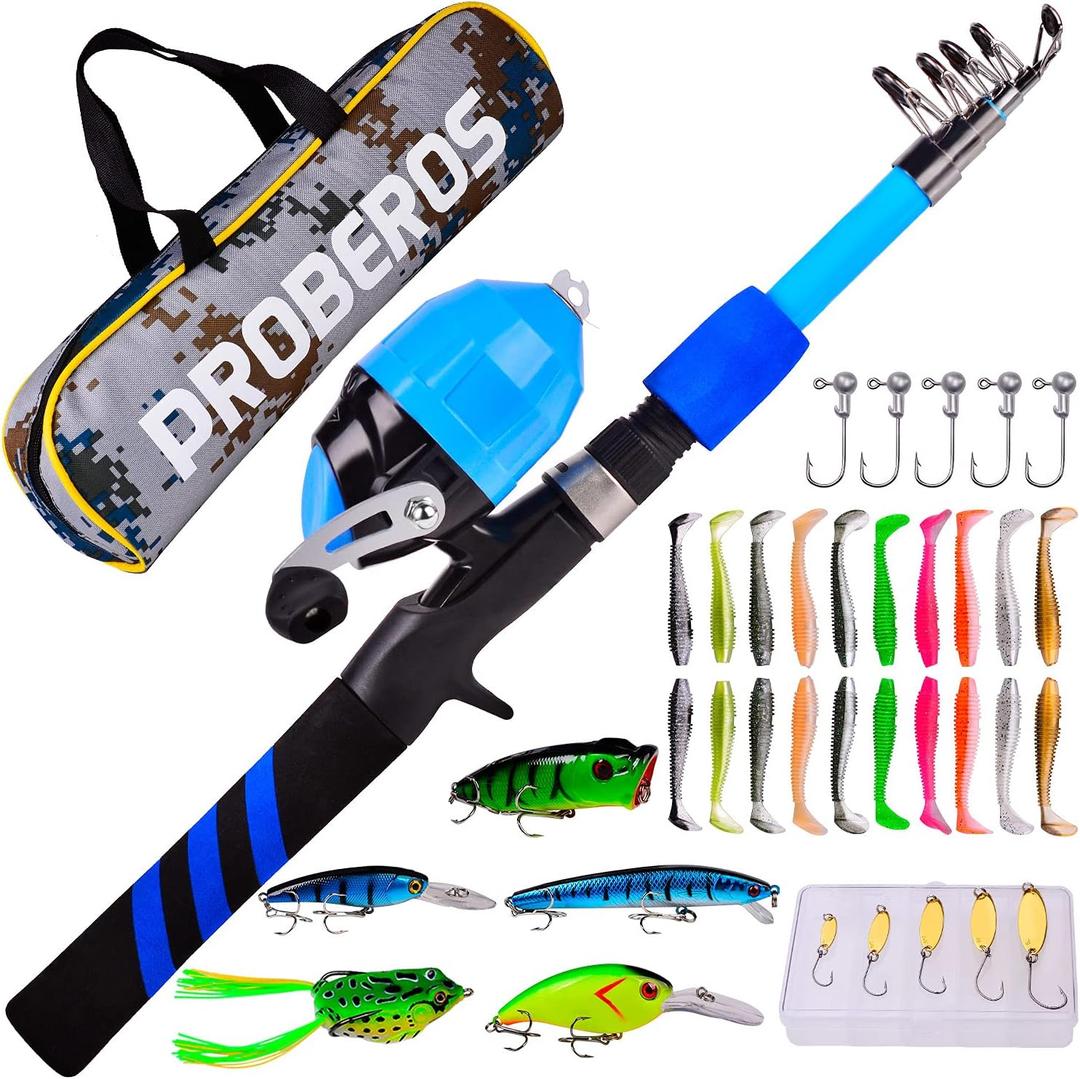 PROBEROS Kids Fishing Pole - Portable Telescopic Fishing Rod and Reel Combo Kit - Spincast Fishing Reel Casting Rods with Lures Lines Tackle Box and Bag for Boys Girls Youth Fishing (1.8M/5.9Ft)