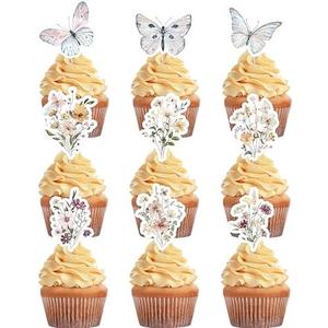 Threehoney 63 Pcs Wildflower Cupcake Toppers 9 Styles Butterfly and Flower Birthday Party Decorations Baby in Bloom Cake Toppers for Baby Shower Wedding Party Favors