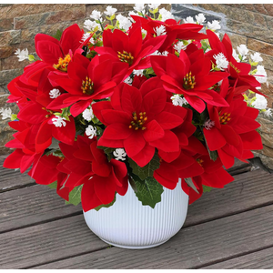 Flowers for Outdoors,14'' Fake Red Poinsettias Faux Eucalyptus Plants UV Resistant for Home Planters Garden Porch Christmas Winter Spring Décor