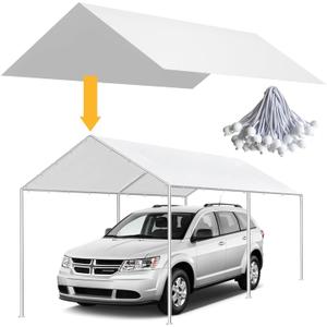 10 x 20 Ft Carport Replacement Canopy Cover, Heavy Duty Top Cover for Car Garage, Tear-Proof, Anti-UV & Waterproof Party Tent Shelter Tarp with 42 Ball Bungees (Only Cover, Frame Not Include) White