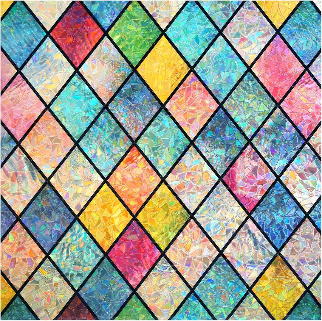 Haton Stained Glass Window Film, Rainbow Window Privacy Film, Decorative Sun Blocking Glass Clings Stickers, Static Cling Colorful Lattice Coverings Decals for Home Door 17.5" x 118.1"