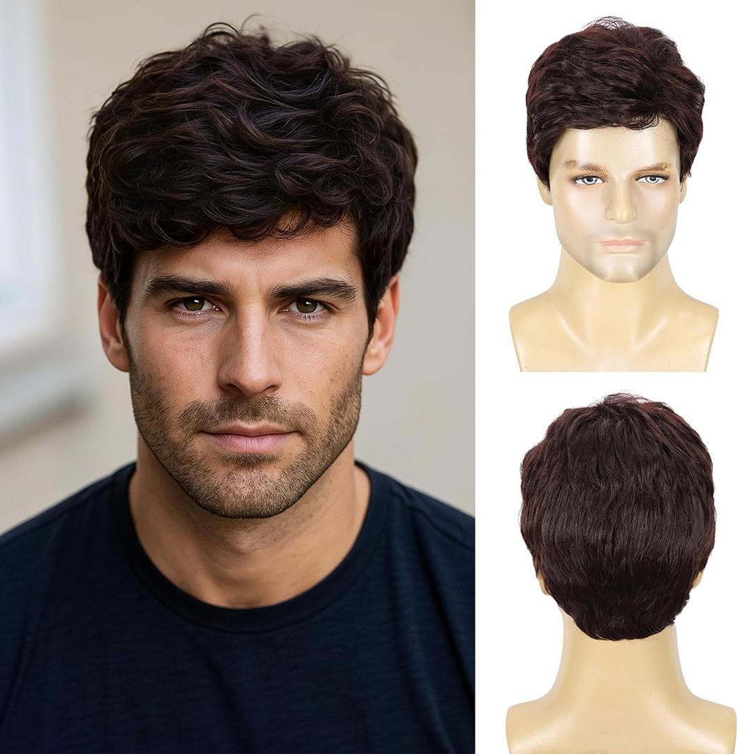 DDHAIR Men's Short Brown Wig Layered Natural Fluffy Synthetic Wigs for Halloween Cosplay Male Man Hair(Dark Brown,6 Inch)