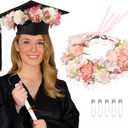 Zeyune Pink Flower Crown Graduation Hat Decoration Adjustable Flower Headbands with Ribbon Artificial Ladies Garland Floral Headpiece for Women Graduation Birthday Wedding Party Photography Props