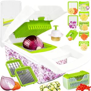 Pro-Series 16-in-1 Mandoline Slicer & Spiralizer, Veggie Chopper with Container for Onion Salad & More (8 Blades, White)