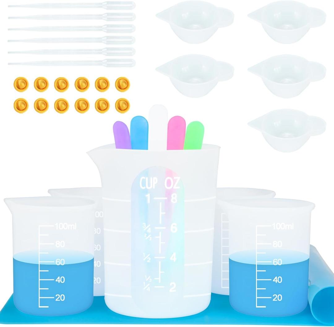 Silicone Measuring Cups Tool Kit , Non-Stick 250 & 100ml Epoxy Mixing Cups, Reusable Resin Supplies with Silicone Mat, Stir Sticks, Pipettes, Color Cups for Resin, Molds, Jewelry Making (White Measurements)