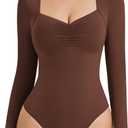 Avidlove Women's Sexy Sweetheart Neckline Bodysuit Tops Long Sleeve Double Lined Thong Body Suits Ruched Outfits (Brown), Size S