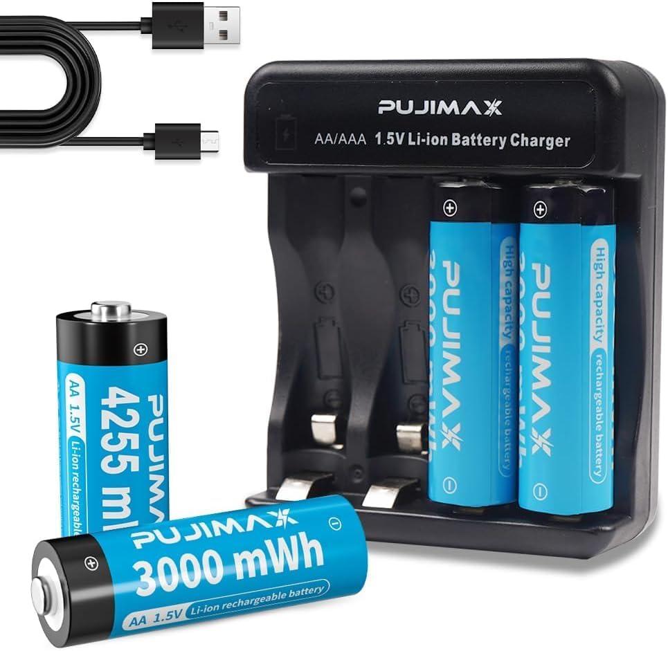 PUJIMAX 4pack of AA Batteries Combo Set,Rechargeable Lithium AA Batteries 1500 Cycles 1.5V 4255mWh*2 with 2 3000mWh with 4Bay Charger 1.5H Fast Charge PUJIMAX 4pack of AA Batteries Combo Set,Rechargeable Lithium AA Batteries 1500 Cycles 1.5V 4255mWh*2 with 2 3000mWh with 4Bay Charger 1.5H Fast Charge