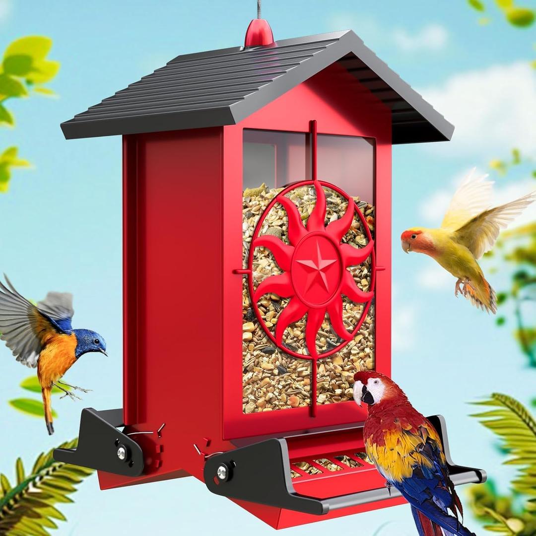 Squirrel Proof Bird Feeders for Outdoors, 5LBS Large Capacity Metal Wild Bird Feeder with Bilateral Weight-Activated Perches, Anti Squirrel Bird Feeders for Outside Finch, Cardinal, Blue Jay (Red)