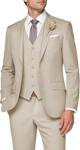 SPTALLFITJSV Beige Suit 3 Piece Men's Suit Slim Fit Groom Tuxedos for Wedding 2025 Elegant Three Piece Suits Single Breasted Classic Fit Attire Man Beige Dress Suits Size Large