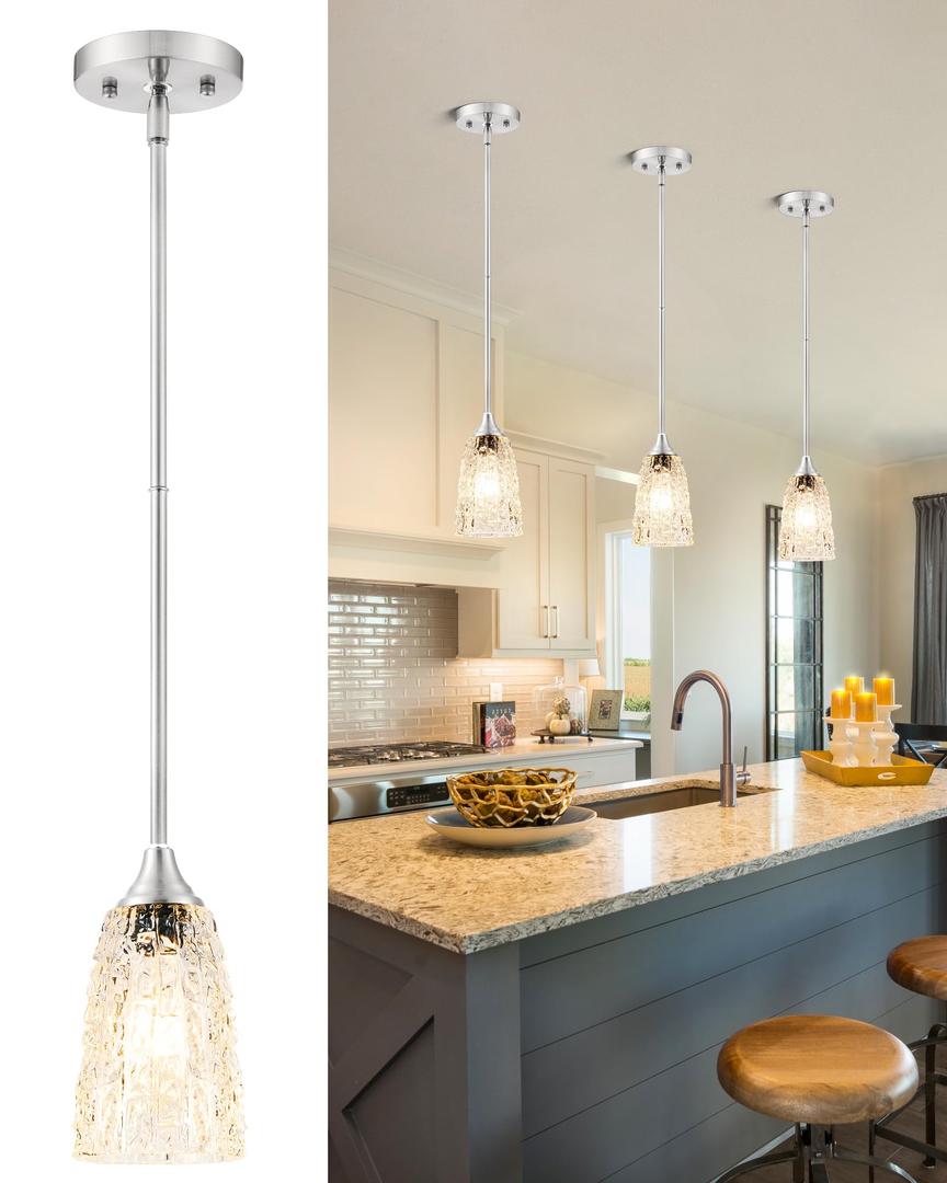 SADUENFR Brushed Nickel Pendant Lights Kitchen Island, 1-Light Hammered Glass Pendant Light Fixtures with Clear Glass and Rods, Modern Hanging Light for Kitchen Sink Dining Room Bedroom, E26
