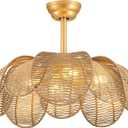 Boho Rattan Ceiling Fans with Lights and Remote,Gold Flower Bladeless Fandelier for Dining Room,Bedroom,Kitchen,Nursery(26 Inch,6 Speeds,Timing,Adjustable Height)