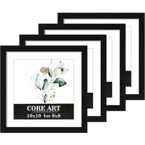 CORE ART 10x10 Picture Frame Set of 4, Display Pictures 8x8 with Mat or 10 x 10 without Mat, Multi Photo Frames Collage for Wall or Tabletop Display, Black