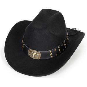 Western-Cowboy-Hats for Women Men - Classic Wide Brim Felt Fedora Unisex Upturn Bull Head Cowgirl Caps with Buckle Belt