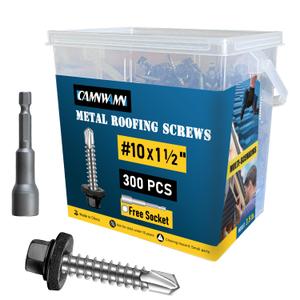 300Pcs #10 x 1-1/2 Inch Metal Roofing Screws, Black Hex Head Drill Point Sheet Metal Roof Screw with Rubber Washer, EPDM Washer, with Hex Drive Bit.