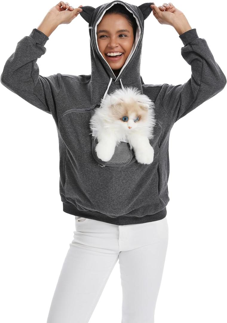 Cat Dog Pouch Hoodie Pet Carrier Sweatshirt Large Pocket Pullover Shirt for Women (Medium, Dark Grey)