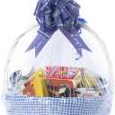 White Round Willow Wicker Gift Basket with Blue and White Gingham Liner, Small, Decorative Picnic Basket with Handles, Empty Wicker Basket for Gifts
