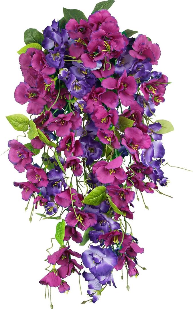 2 Pcs Fake Hibiscus Artificial Hanging Flowers Plants for Outdoors Realistic UV Resistant Spring Summer Decor Silk Faux Hibiscus Flowers Trailing Vines for Front Door Porch Outside (Purple, Fuchsia)