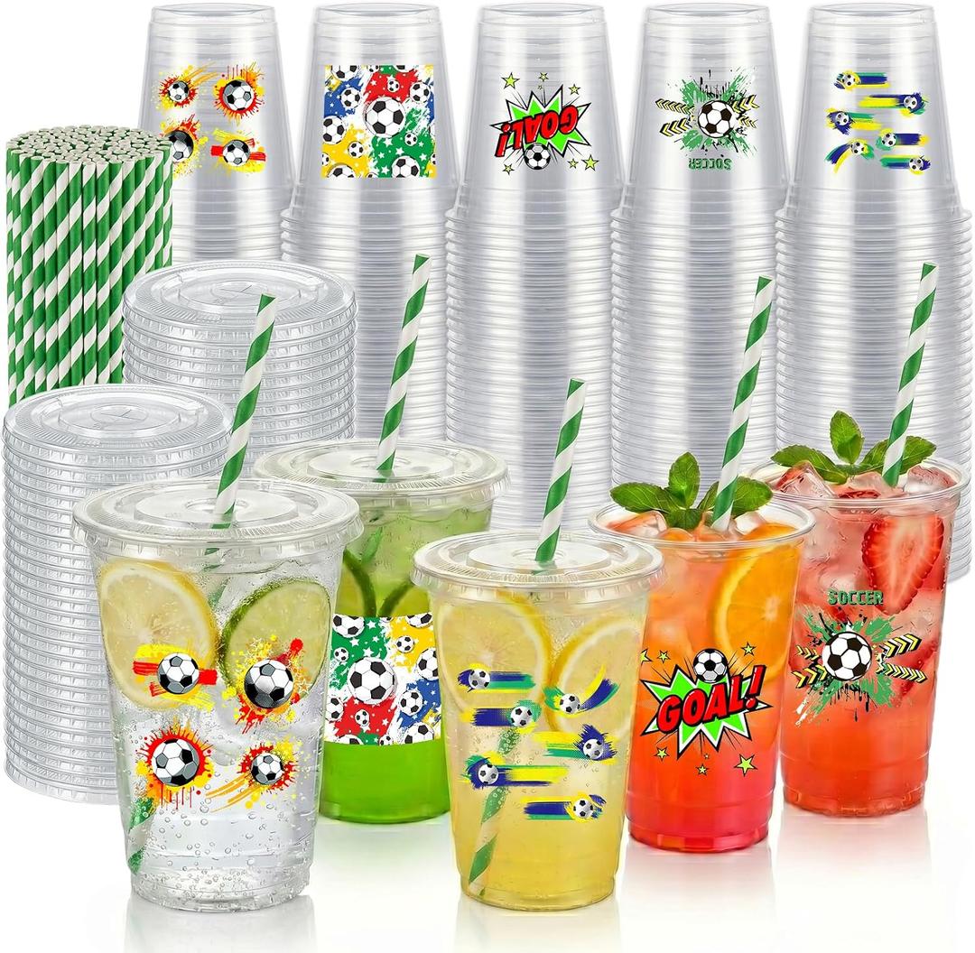 100 Sets Soccer Party Decorations Cups, 16OZ Disposable Plastic Drinking Cups with Lids and Straws for Sports Themed Tailgate Events Game Day Football Soccer Birthday Decor Supplies Favors 5Styles