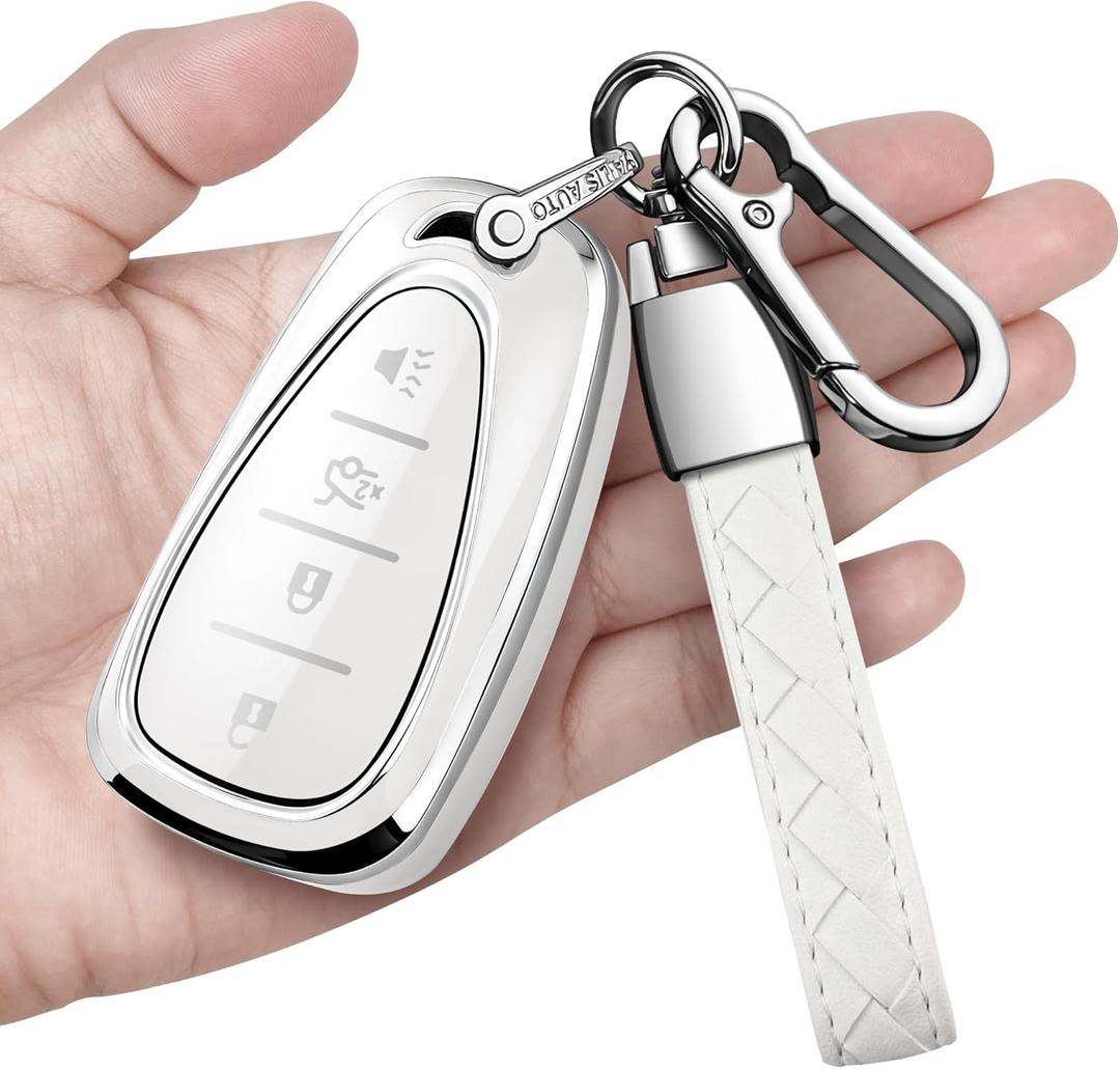 Sindeda for Chevrolet Key Fob Cover with Keychain Soft Full Protection Key Shell Key Case Compatible with 2016-2025 Chevy Equinox Malibu Spark Cruze Traverse Blazer (White, 4 Buttons)