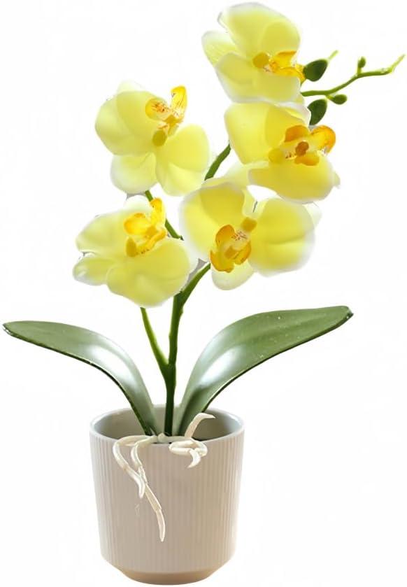 10.2" Orchids Artificial Flowers Fake Orchid Plant Potted Butterfly Orchid Silk Flowers Decor for Home Living Room Bathroom Wedding Office Decoration (Yellow)