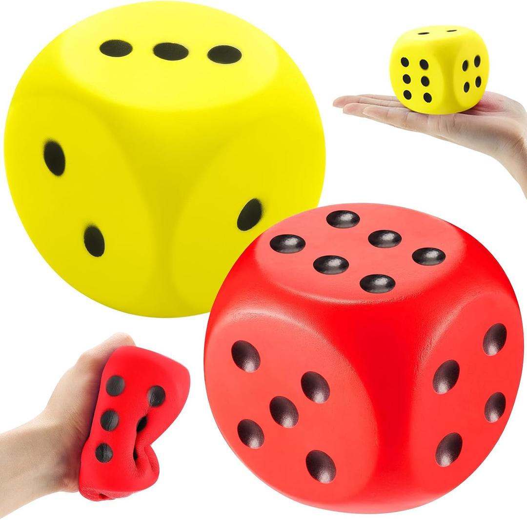 Zomiboo 2 Pcs 2.3'' Large Foam Dice for Classroom Jumbo 6 Sided Giant Dice Casino Party Decoration Squeeze Anxiety Stress Relieve Toy Gifts for Valentine's Day Adults Kids Board Game, Red Yellow